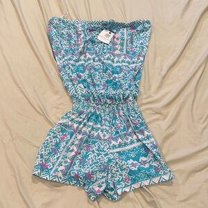 Tori Richard Turquoise, Pink & White Strapless Printed Romper